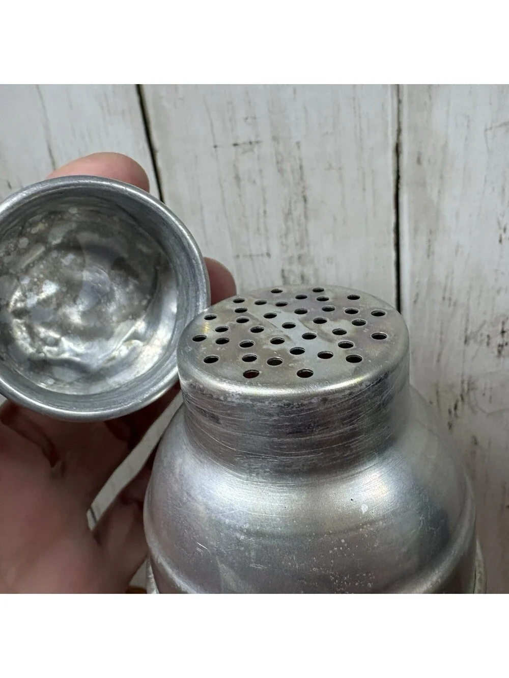 Vintage Cocktail Shaker Red Stripe Art Deco Glass MCM Aluminum Cap Drink Mixer